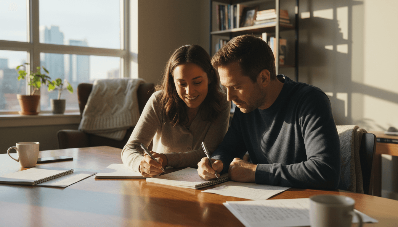 Tutor and student reviewing notes together at a wooden table
