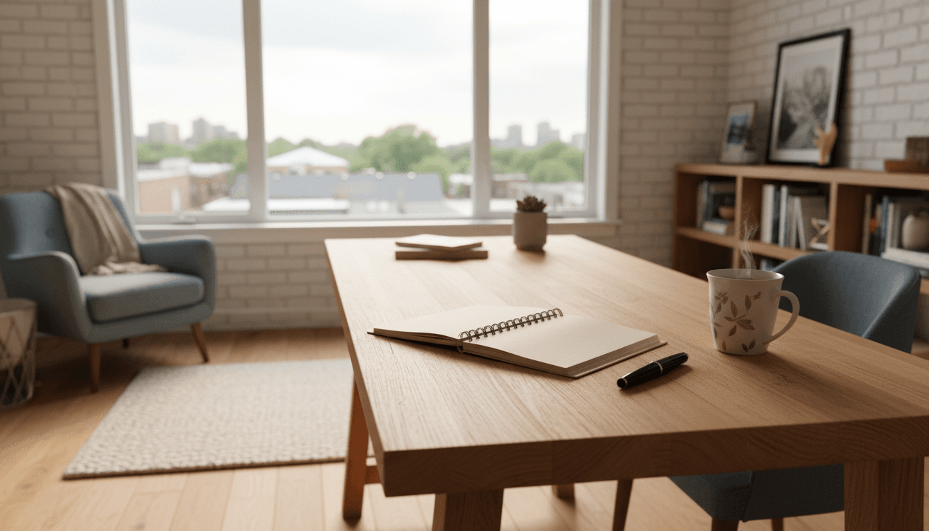 Study space with notebook and pen in warm Toronto light