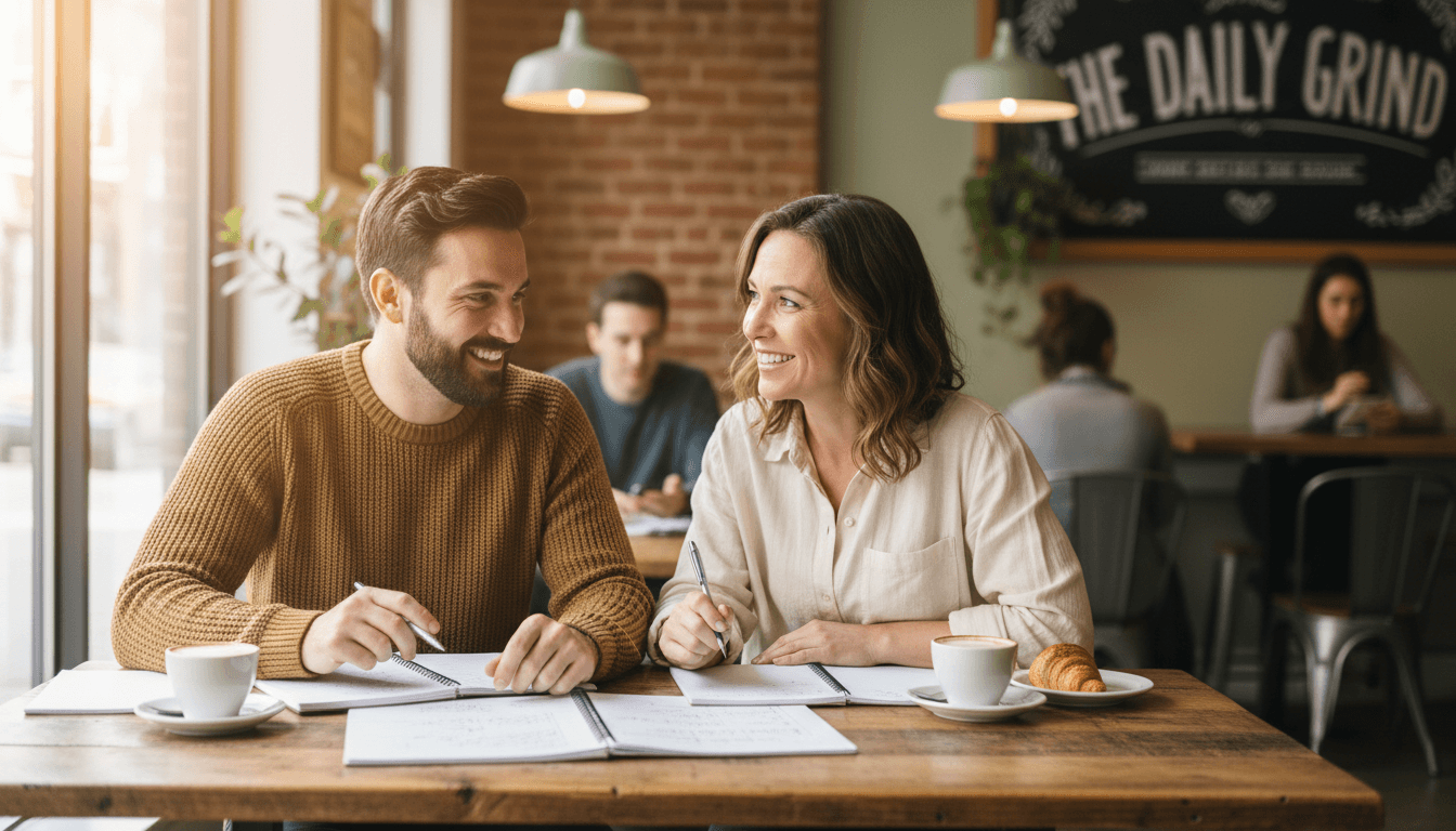 Tutor and student chatting over lesson notes in a bright café