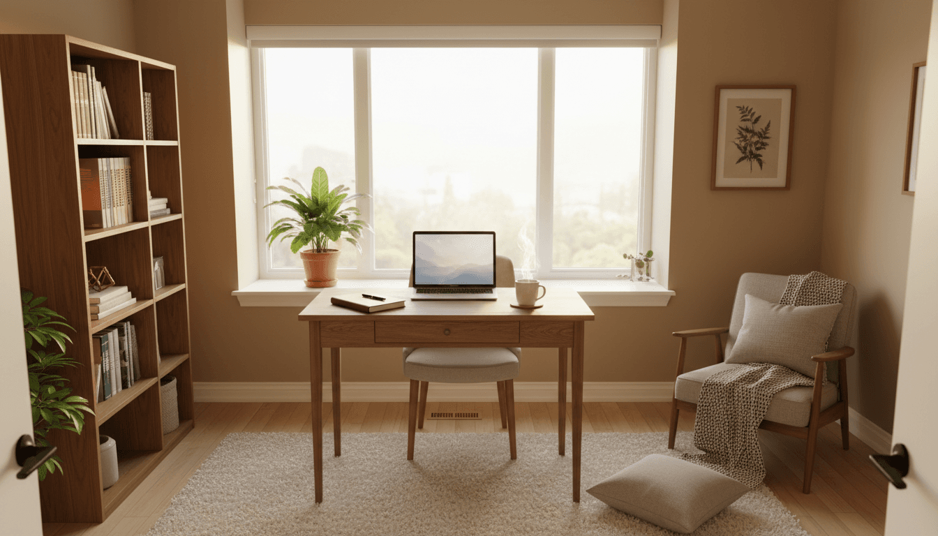 Cozy home office desk with notebook and tea by a bright window