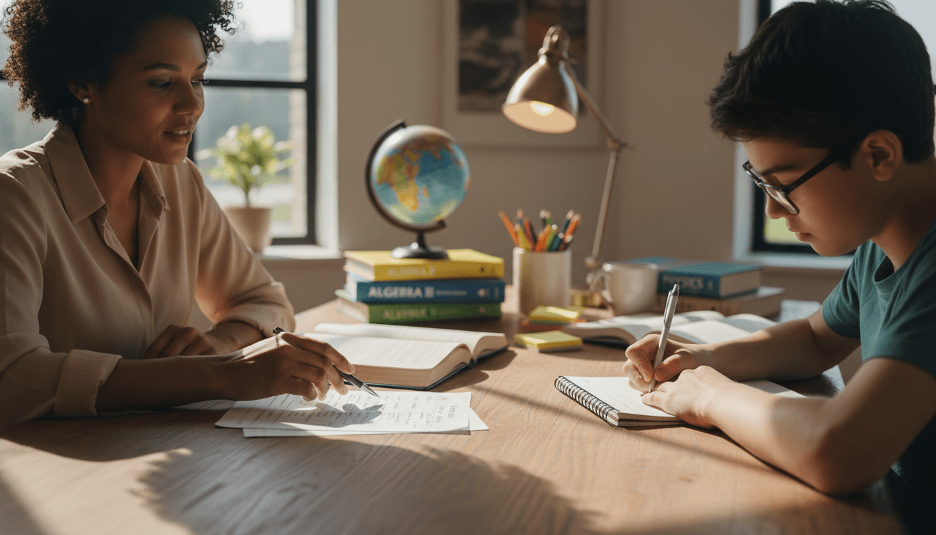 Tutor and adult student having a relaxed conversation at a wooden table