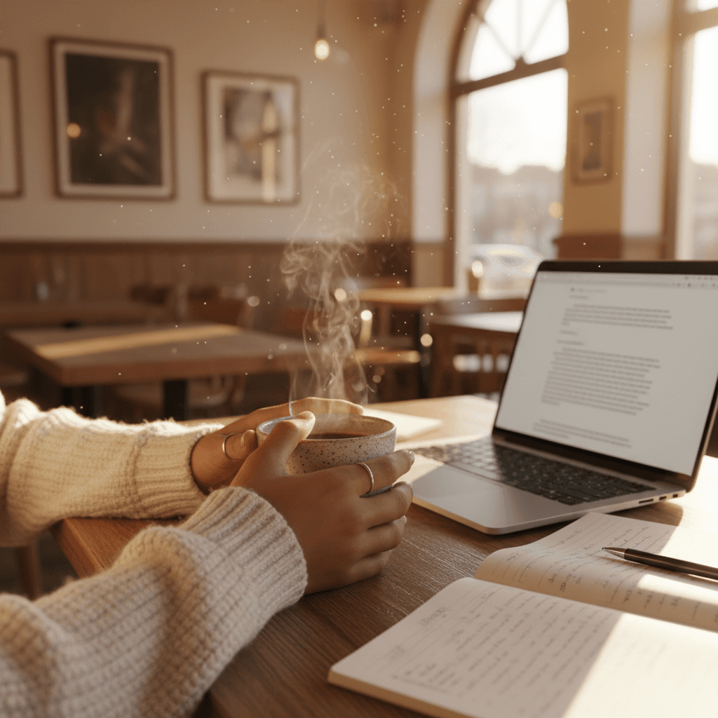 Student reviewing language notes on a laptop at a Toronto cafe