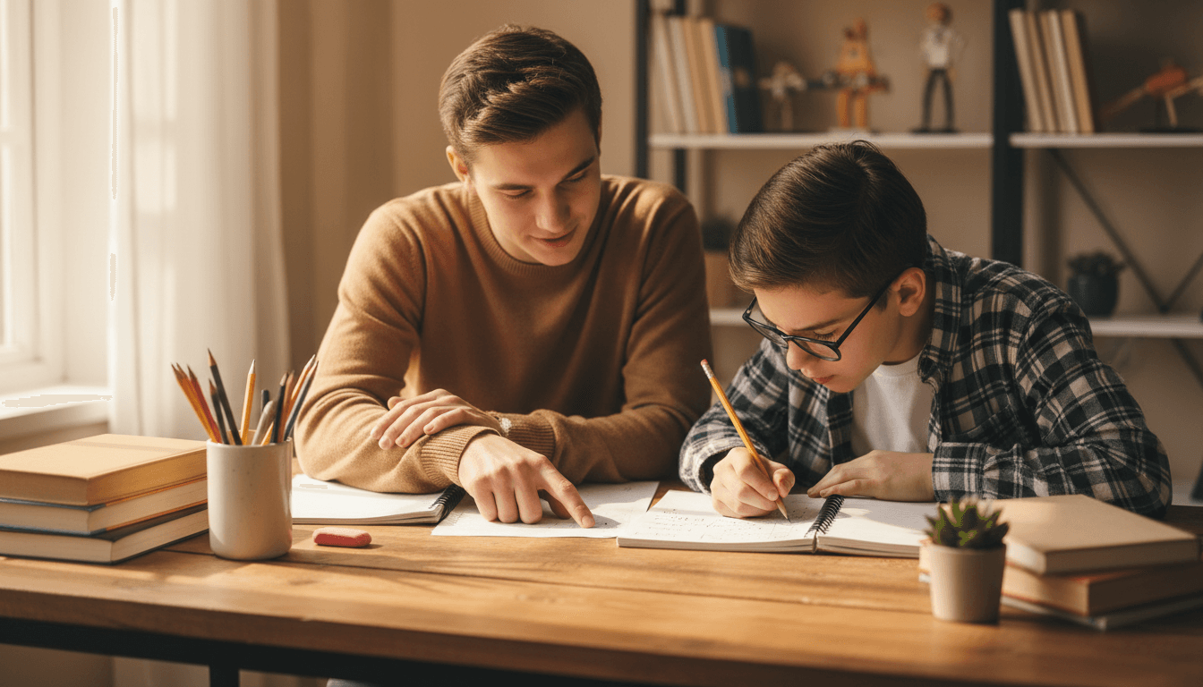 Tutor and adult student chatting over a notebook at a bright wooden table