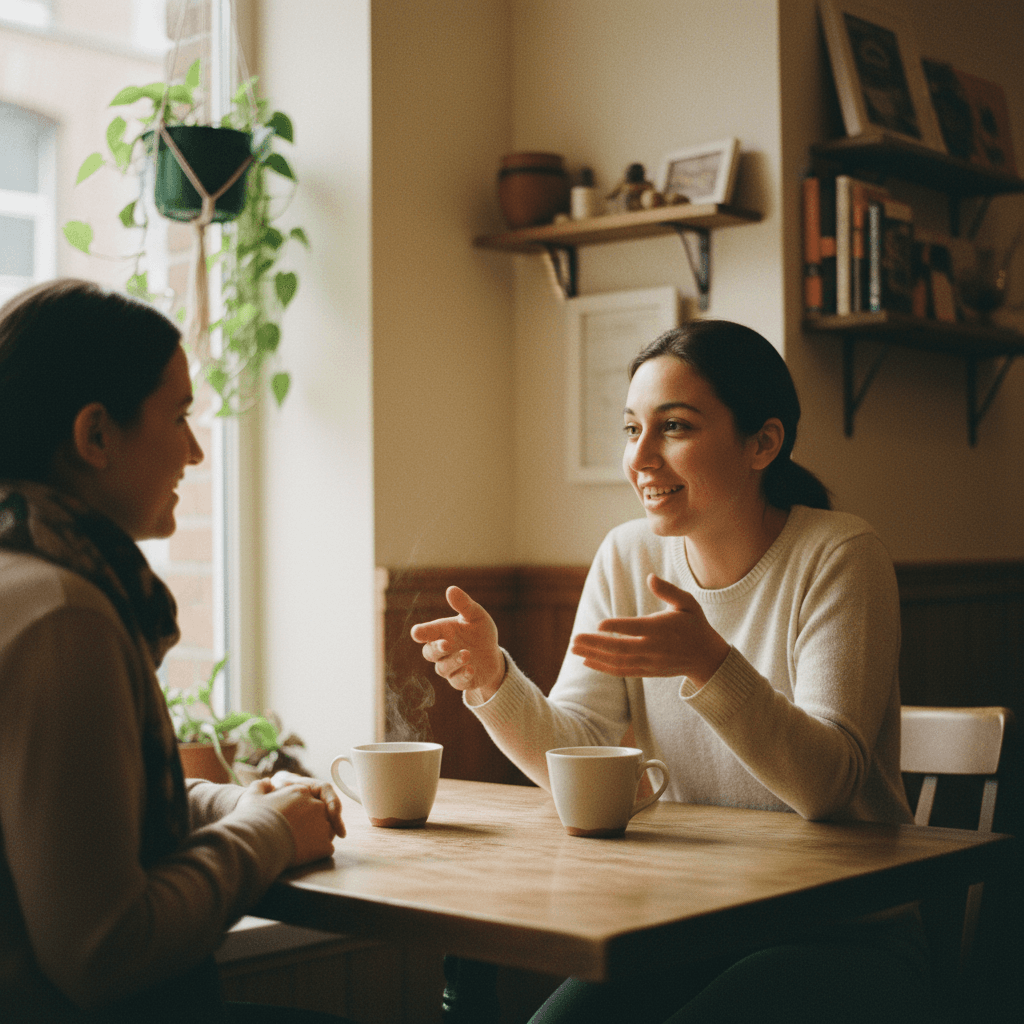 Language tutor listening to a student during a personalized lesson in a Toronto café