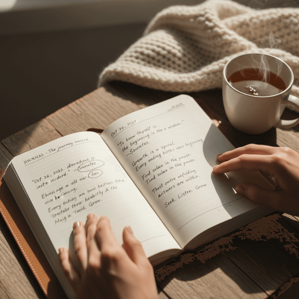 Open notebook with handwritten language notes and a cup of tea on a wooden table