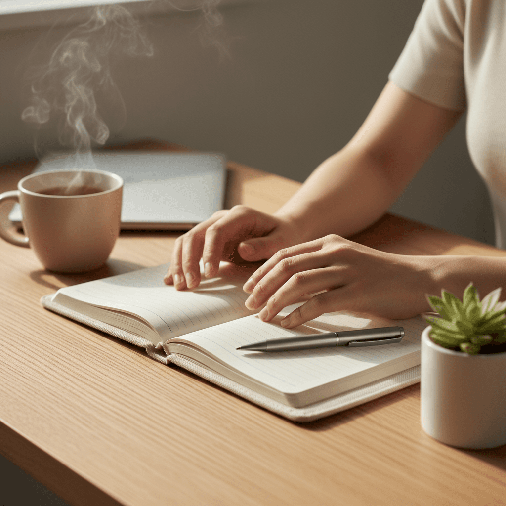 Quiet study space with a notebook by a sunlit window in Toronto