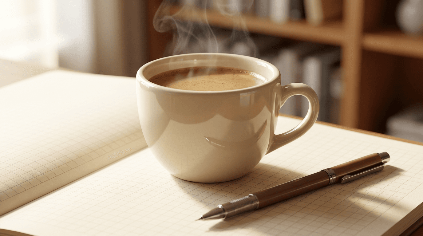 Bright study space with notebook and tea near a sunny window